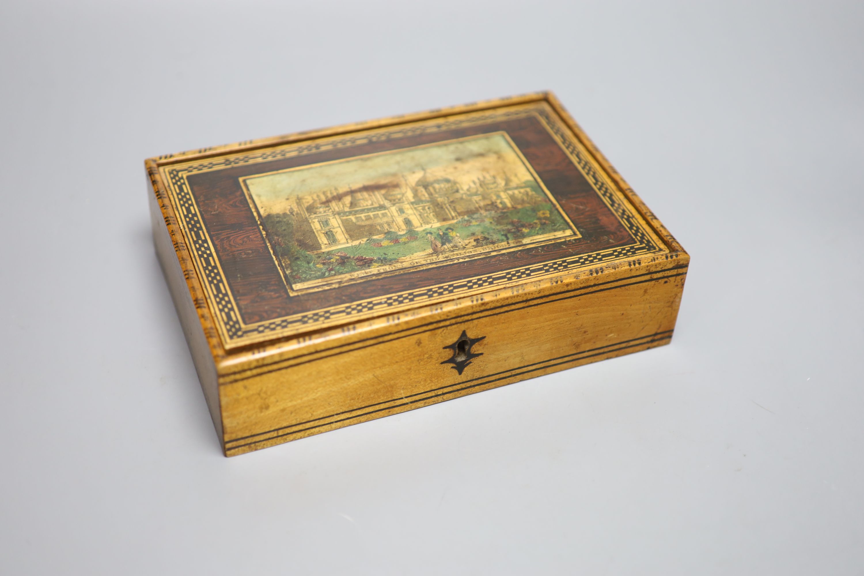 An early Tunbridge ware 'West Front of the Pavilion Brighton' sycamore box, probably Wise, c.1820, 22cm